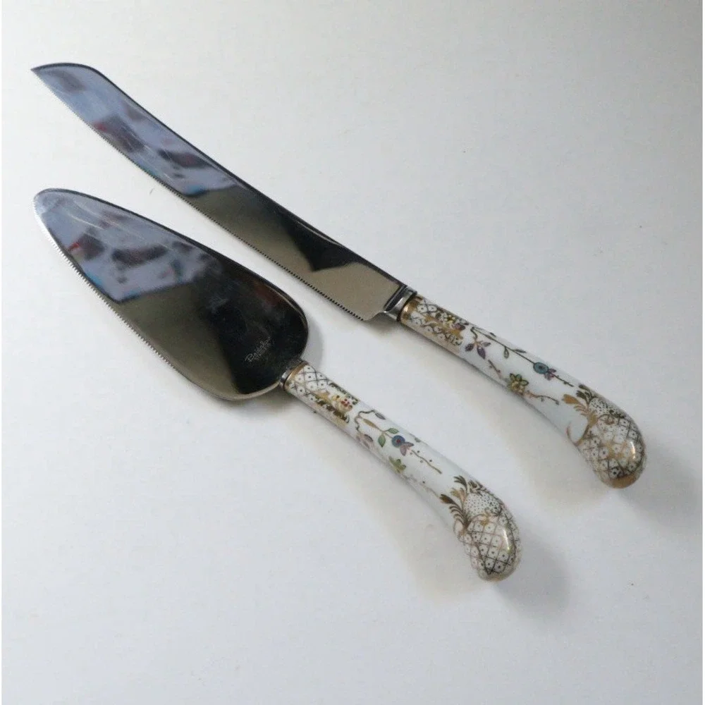 VTG Sheffield Cake Server Knife Set Hand Painted Floral Motif Porcelain Gold